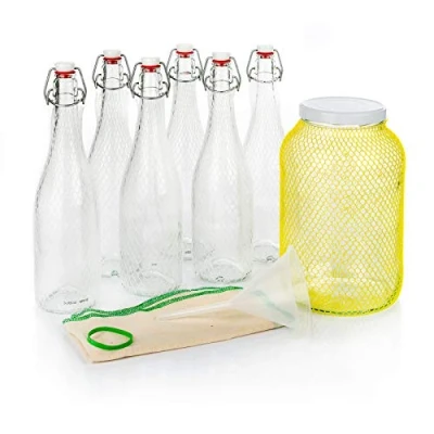 Afbeelding van myFERMENTS Probiotische drankenset, kombucha, kefir, bier, groot glas (4,25 l), 6 glazen flessen met luchtdichte sluiting (750 ml), trechter en mousseline.