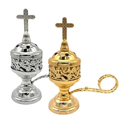 Afbeelding van Incense Burner Bowl, Metal Burner, Cone Holder with Cross, Silver Charcoal Decorative Catholic Cross,church Incense, Christian Chur