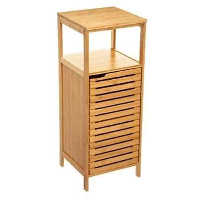 Afbeelding van Staand Houten Badkamerrek Bamboe onderkast opbergrek 78,5 cm hoog en 30 breed 1 deur 4 etages