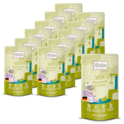 Afbeelding van MjAMjAM Premium natvoer voor katten Quetschie Senior DUO van mals eend &amp; konijn, 12 verpakking (12x125g), graanvrij