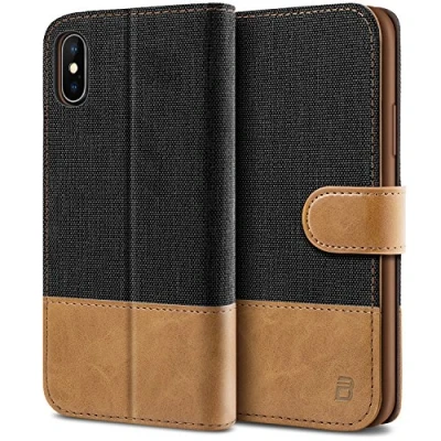 Afbeelding van BEZ iPhone X Hoesje, XS Hoesje Book Case Leer Wallet, Flip Wallet [Canvas Kunstleer] met Creditcardhouders, Standaard, Magnetische Sluiting, Zwart