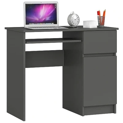 Afbeelding van AKORD Piksel Bureau klein met schuifladen, bureautafel, computertafel toetsenbordplank, lade en vak deur, 90 x 77 50 cm (b h d), 30 kg, rechtskast, grafietgrijs