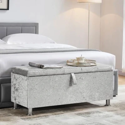Afbeelding van Vida Designs Valencia Opslag Ottomaans, Stoffen kist met deksel, Zitje, Kruk, Raambank, Borst, Speelgoed Opbergdoos, Poefee, Voetenbank, Zilver Fluweel