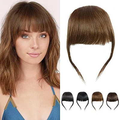 Afbeelding van Dik Haar Pony Echt Mensenhaar Bang Clip In Haarverlenging Onverwerkte Pony, Lichtbruine Kleur