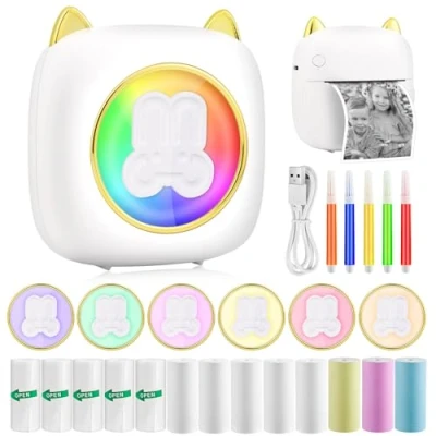 Afbeelding van GuKKK Draagbare fotoprinter, draadloze mini thermische printer, BT mobiele printer met zeven kleuren led, voor foto&#039;s, labellijst