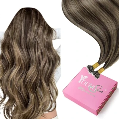 Afbeelding van YoungSee Nano Kralen Hair Extensions Donkerbruin Hoogtepunten Caramel Blonde Bruin Tips Koude Fusion Ringen Menselijk Haar 16 inch 1g/s