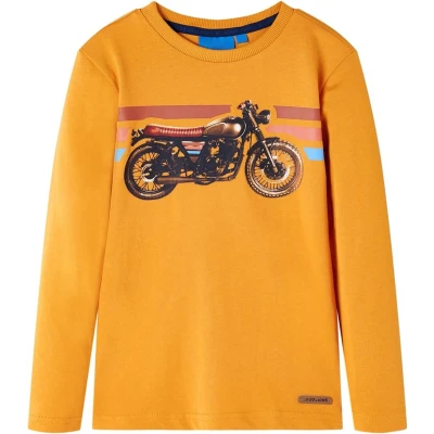 Afbeelding van Kindershirt met lange mouwen motorprint 104 okerkleurig