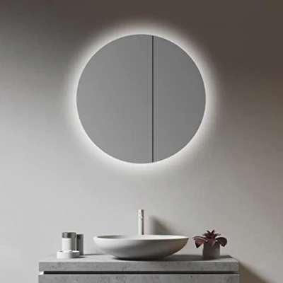 Afbeelding van Talos spiegelkast badkamer met verlichting rond Ø 60 cm hoogwaardig aluminium frame twee glazen legplanken