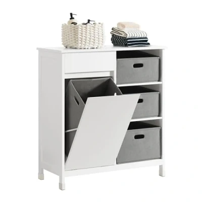 Afbeelding van SoBuy Badkamerkast met Kantelbare Wasmand, Badkamermeubel Waskast, Lage Kast, Staande Opbergkast Opbergblank voor Badkamer 1 Lade, Wasmand en 3 Compartiment, 80x38x91 cm, Wit, BZR77 W