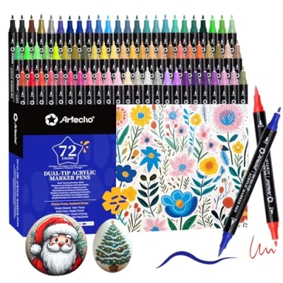Afbeelding van Artecho acrylverf markers 72 kleuren, pennen met penseelpunt en fijne punt voor steen, rotsschilderen, papier, pompoen, hout, ei, canvas, keramiek, stof, leer, glas, doe het zelf ambachten