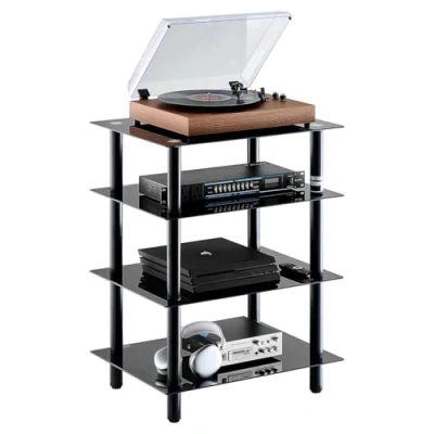 Afbeelding van VEVOR Visueel audiomeubel met 4 niveaus, multimedia rek van gehard glas, hifi houder led voor dvd hoesjes/kabels/spelconsoles, opbergkast speelkamer/opname