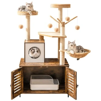 Afbeelding van HOOBRO Krabpaal, Kattenboom met Kattenbak, 2 in 1 Moderne Kattentoren, Krabpalen, Baars, Wasbare Kussens, Vintagebruin EBF14MZ03