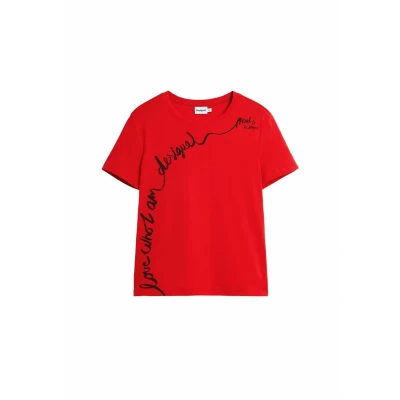 Afbeelding van Desigual WITH Embroidered Phrase Tshirt print, Dames, Maat: XS, Red