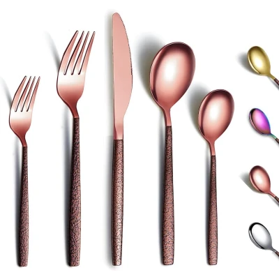 Afbeelding van bestekset 30 stuks met maanoppervlak handvat en glanzende roségouden mond titanium coating, roestvrij staal koper moderne gebruiksvoorwerpen set service voor 6