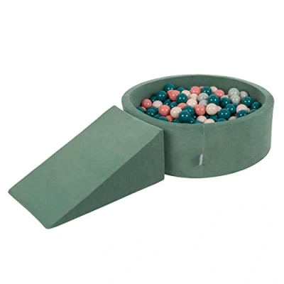 Afbeelding van KiddyMoon Speeltuin Fluweel Van Schuim Ronde Bal Zwembad (200 Ballen) + Kruisje Ballenkuilen Voor Baby&#039;s Speelbad, Bosgroen: Donker Turkoois/Pastel Beige/Groengrijs/Zalm Roze