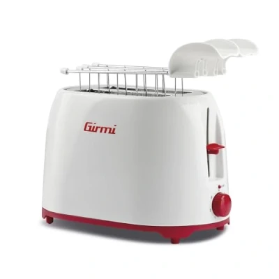Afbeelding van Girmi TP10 Broodrooster, 750 W, roestvrijstalen tang, 7 gaarstanden, kruimelopvangbak, automatische uitschakeling, wit/rood
