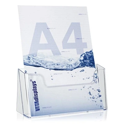 Afbeelding van DIN A4 tafelmodel brochurestandaard als flyerstandaard, folderhouder van VITAdisplays, stabiele brochurehouder, transparant