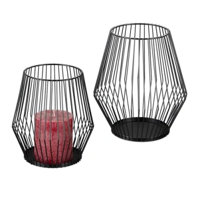 Afbeelding van Relaxdays kaarshouder set van 2 metalen kaarsstandaard stompkaarsen raster design