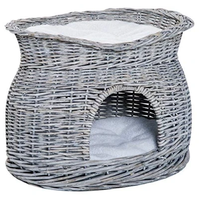 Afbeelding van PawHut kattenhuis met twee verdiepingen, kattenbed, kattengrot, kattenmand 2 kussens, wilgentenen mand ligvlak erboven, grijs, 56 x 37 40 cm
