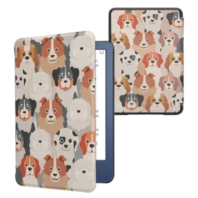 Afbeelding van kwmobile E reader hoesje geschikt voor Amazon Kindle (2022) hoes flip case met magnetische sluiting Ereader cover Honden Ontwerp design in wit / lichtbruin grijs