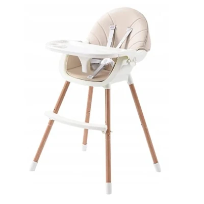 Afbeelding van OMNA kinderstoel, 3 in 1, babystoel, houten poten, veiligheidsgordel, voetensteun, 5 punts riem, vanaf 6 maanden tot jaar (beige)