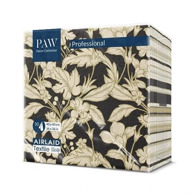 Afbeelding van PAW Airlaid Servetten (40 x 40 cm) I 50 Stuks Bruiloft en Verjaardag Decoratie Ideaal voor Bruiloften, Communies, Recepties Elegant Tafeldecoratie Kleur: Mooi Bloemenpatroon Zwart