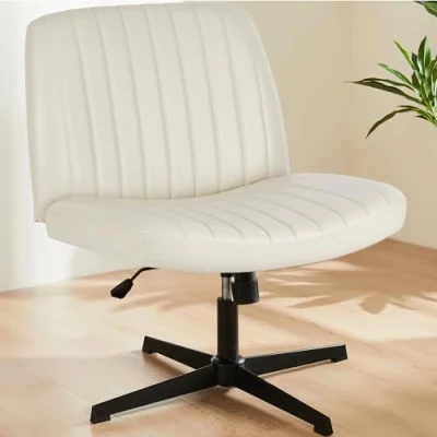 Afbeelding van Sweetcrispy bureaustoel zonder armleuningen, met PU leer, leesstoel brede bekleding om in kleermakersstoel te zitten, hoogte verstelbaar, 360 graden draaistoel voor thuis, beige,