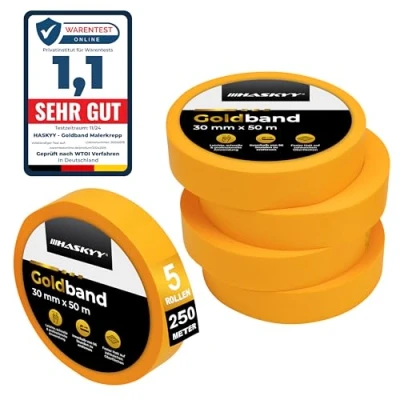 Afbeelding van HASKYY Goldband afplakband 5x schilderstape 30 mm x 50 m professionele schildertape washi tape goud papiertape zelfklevend