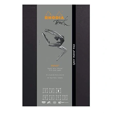 Afbeelding van RHODIA Touch 116108C Block Grey Maya Pad A4+ 50 vellen Clairefontaine papier, effen, grijs, 120 g/m? voor kalligrafie en tekening met potlood, liner, veer