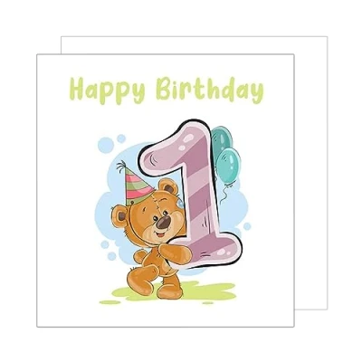 Afbeelding van Edition Seidel Premium vierkante wenskaart 1e verjaardag met envelop verjaardagskaart Happy Birthday kaart bilet meisje jongen baby kind cadeau beer ballonnen (GZQ106 1)