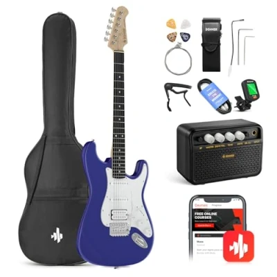 Afbeelding van Donner Elektrische gitaarset e gitaren, S H pickups, 39 inch volledige grootte met versterker, tas, capo, riem, snaren, tuner, kabels en plectrums (donkerblauw)