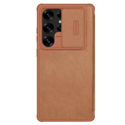 Afbeelding van Nillkin Qin Pro Hoesje Geschikt voor Samsung Galaxy S25 Ultra Book Case met Camera Slider Ruimte Twee Pasjes Bruin