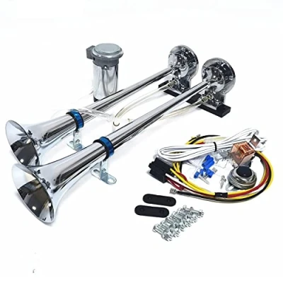 Afbeelding van YIYIDA Auto Hoorn Luchthoorn 12V High Tone en Low Dubbele buis 165db Speaker Zilver Chrome Zink Trompet truck Luid met Luchtpomp voor moto van boot trein