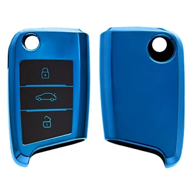 Afbeelding van kwmobile autosleutel hoesje geschikt voor VW Golf 7 MK7 3 knops hoes TPU behuizing Beschermende auto sleutel case Sleuteletui in hoogglans Blauw