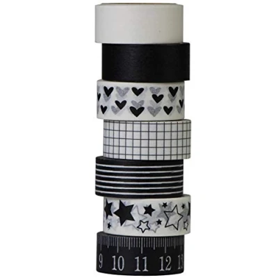 Afbeelding van UOOOM 7 rollen Washi tape, zwart wit, plakband, liefdessin, pentagrampatroon, liniaalpatroon, afplakband, decoratief doe het zelf, scrapbook, decoratie (zwart wit)