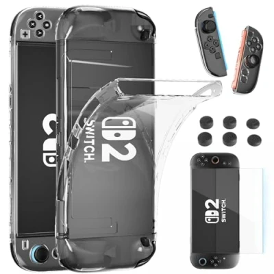 Afbeelding van HEYSTOP Hoesje compatibel met Nintendo Switch 2 Model, dockable zachte TPU transparante beschermhoes schermbeschermer 6 stuks siliconen duimgreepdoppen voor Grip Controller