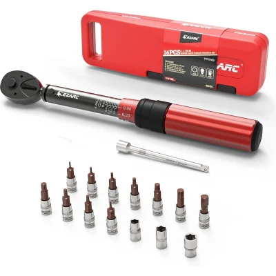 Afbeelding van Momentsleutel, 1/4 inch, 5 25 Nm momentsleutel voor fiets en motorfiets, 16 delig, ± 3% foutnauwkeurigheid, met 10 cm verlengstang, 72 tanden, omkeerbare ratelkop