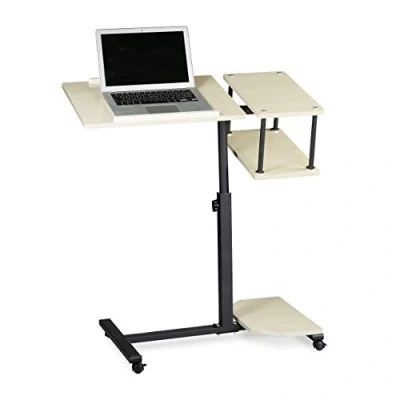 Afbeelding van Relaxdays laptoptafel op wieltjes, XL, verstelbaar, 2 delig tafelblad, extra oppervlaktes, met anti slipbalkjes, crème