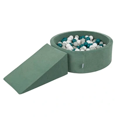 Afbeelding van KiddyMoon Speeltuin Fluweel Van Schuim Ronde Bal Zwembad (200 Ballen) + Kruisje Ballenkuilen Voor Baby&#039;s Speelbad, Bosgroen: Donker Turkoois/Groengrijs/Wit