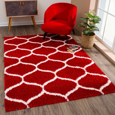 Afbeelding van Madrid Shaggy Design Vloerkleed Rood Creme Hoogpolig 140x200 cm