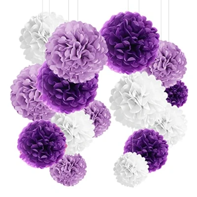 Afbeelding van YBwanli 24 stuks pompon, zijdepapier, paars, decoratie bruiloft, voor slaapkamer, meisjes, lantaarn, decoratie, doop, meisjes