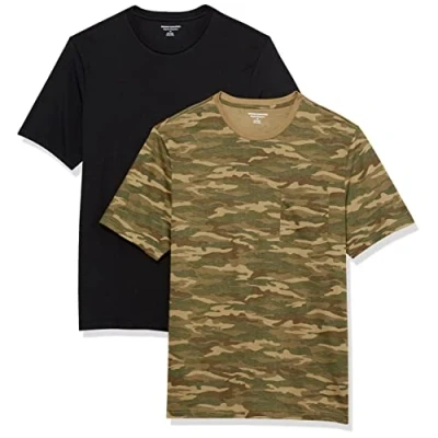 Afbeelding van Amazon Essentials Heren Regular Fit T shirt met korte mouwen en ronde hals, 2 stuks, zwart/camouflageprint, S