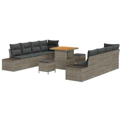 Afbeelding van vidaXL 11 Delige Tuin Sofa Set met Kussens Grijs Poly Rattan Acacia, 2 Zits Rattan, 3 Eetset Acacia