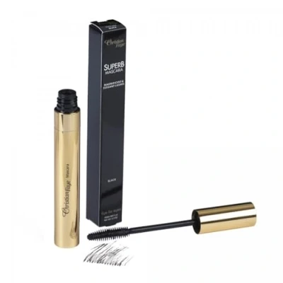 Afbeelding van SuperB mascara Christian Faye, diepzwart, in water oplosbaar, elegante met siliconenborsteltje, voor maximale lengte en volume geschikt wimperextensions, blijft 24 uur perfect zitten