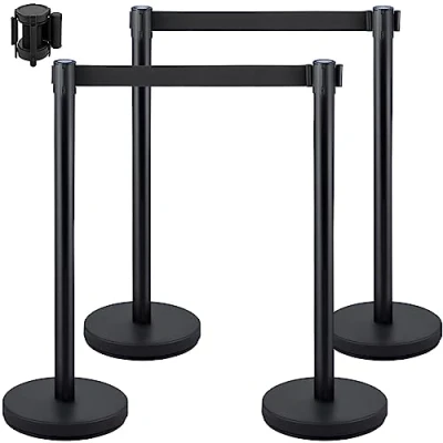 Afbeelding van VEVOR Crowd Control Stanchion, set van 4 stuks stanchion set, met 6,6 ft/2 m zwarte intrekbare riem, menigte controlebarrière w/beton en metalen voet eenvoudig te verbinden montage