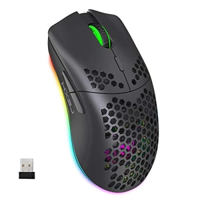 Afbeelding van Draadloze Gamingmuis, 2,4G Lichtgewicht Honingraatschaal Ergonomische RGB Muizen met 750mAh Oplaadbare Batterij, Energiebesparing, 6 Knoppen en Mini USB Ontvanger voor Windows, Mac OS, Laptop, Smart TV(Zwart)