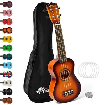 Afbeelding van TIGER UKE7 SB Sopraan Ukulele voor beginners inclusief gigbag, vilt pick, reserve set snaren nu uitgerust met Aquila sunburst
