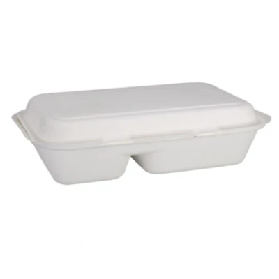 Afbeelding van Depa® ® Bak Bagasse (suikerrietpulp) 2 vaks 1000ml maaltijdbox 25x16x6cm wit 50 stuks