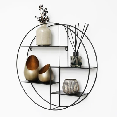 Afbeelding van Zwart metalen wandrek met 4 plankjes Rond 50x10 cm