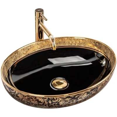 Afbeelding van REA Margot Opzetwastafel Waskom 52 x 40 13.5 cm Glans Zwart Goud